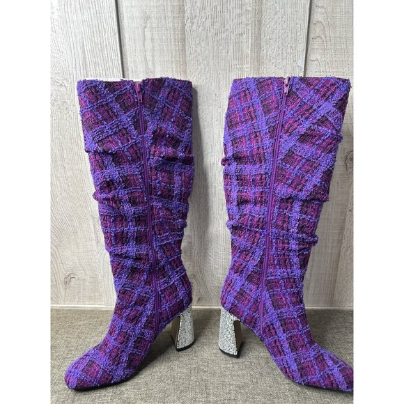 Betsey Johnson Womens 6.5 Purple Tweed Plaid Knee High Boots w/ Rhinestone Heels - Picture 9 of 12
